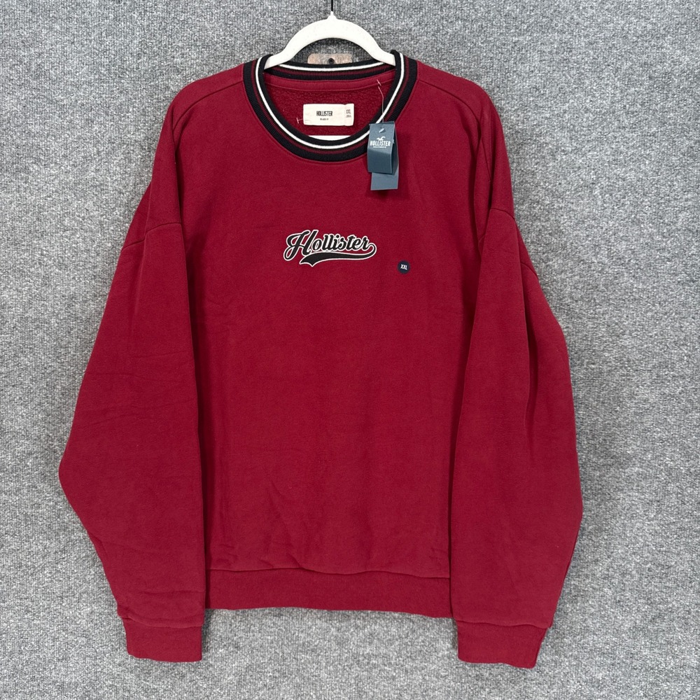 Hollister Sweatshirt Mens XXL Red Relaxed Fit Varsity Logo Fleece Pullover NEW